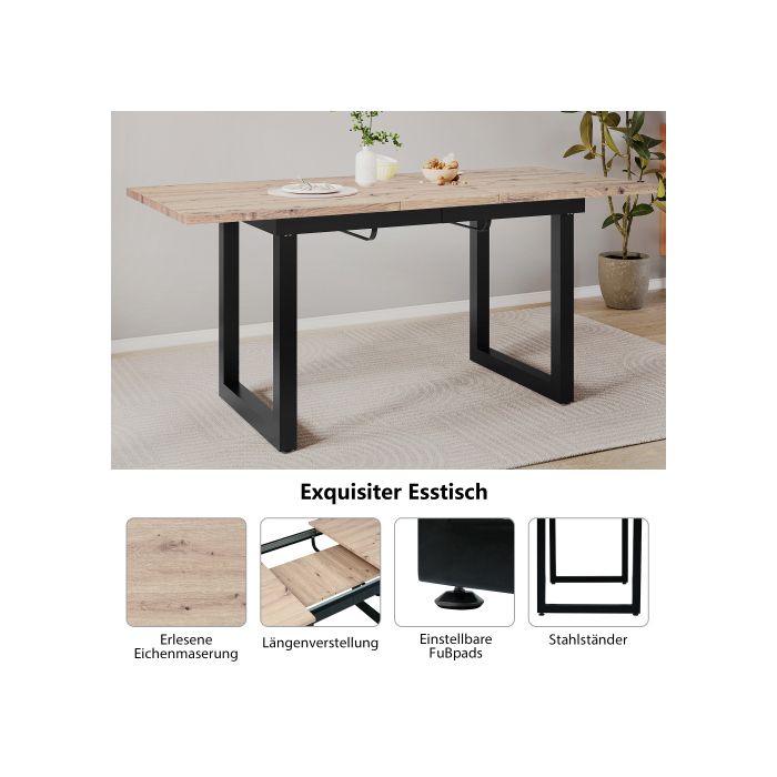 Table De Salle À Manger Extensible - MUVOE - L140/180*L80*H75 - Aspect Chêne + Noir - 6 Places - Métal