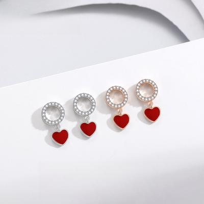 Boucles d'oreilles anneaux ronds cœur rouge pour femmes, simples et polyvalentes, émail, amour, boucles d'oreilles à clous, boucles d'oreilles rondes coréennes
