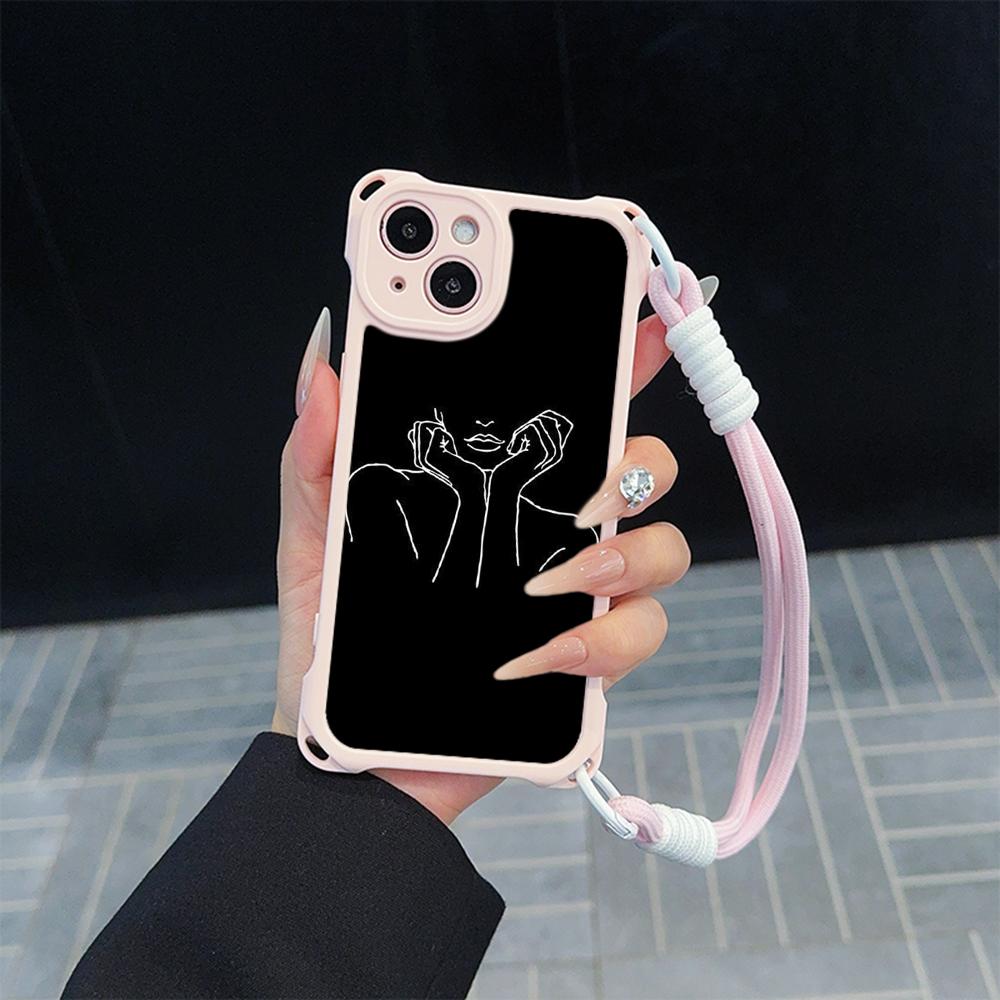 Ae79 Femme Framed Black Art Soft Phone Cases for iPhone 16 15 14 13 12 11 Pro Max 7 8 Plus XR XS with Wrist Strap Lanyard Corner Protection Back Cover