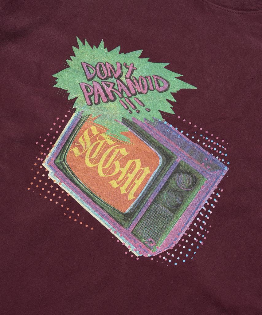 STIGMA Paranoid Tv Vintage-Like Washed Oversized Short Sleeves T-Shirts Burgundy