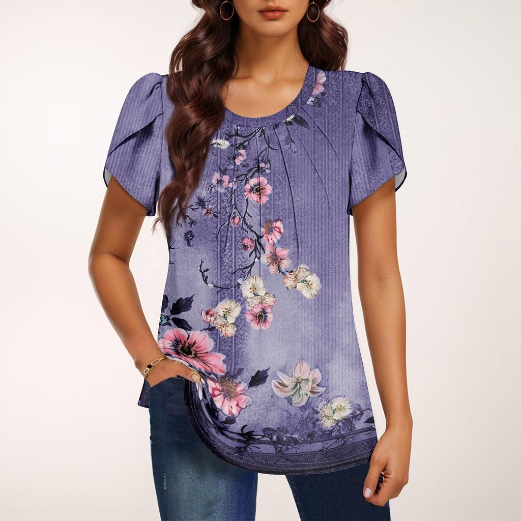 Damen Modisches Rundhals Kurzarm Bedrucktes Lässiges Basic Plissiertes Pullover T-Shirt Top