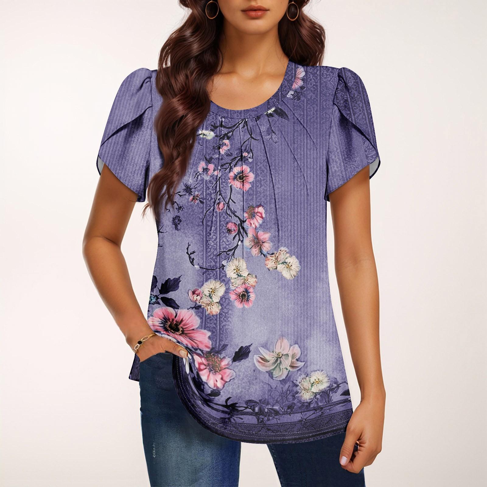 

Женская модная футболка с круглым вырезом и коротким рукавом с принтом, повседневная, базовая, плиссированная, пуловер S фиолетовый