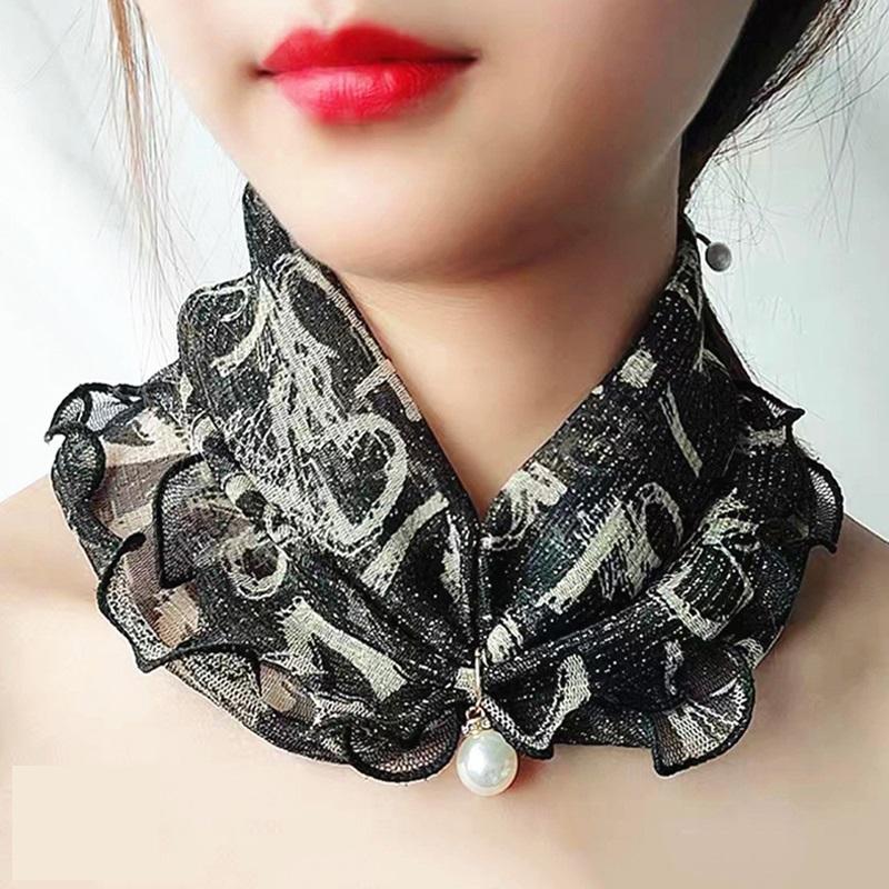 Fashion Women Lace Scarf Creative Fake Pearl Pendant Neck Collar Female Ruffle Neck Cover Sun Protection Bib Scarves Headband