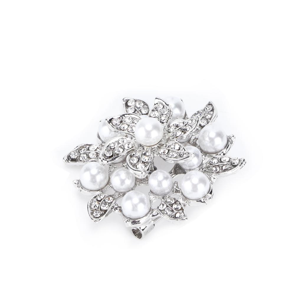 Brooch Diamond Flower Pearl Alloy Fashion for Exquisite Present Cloth DecorationsSilver