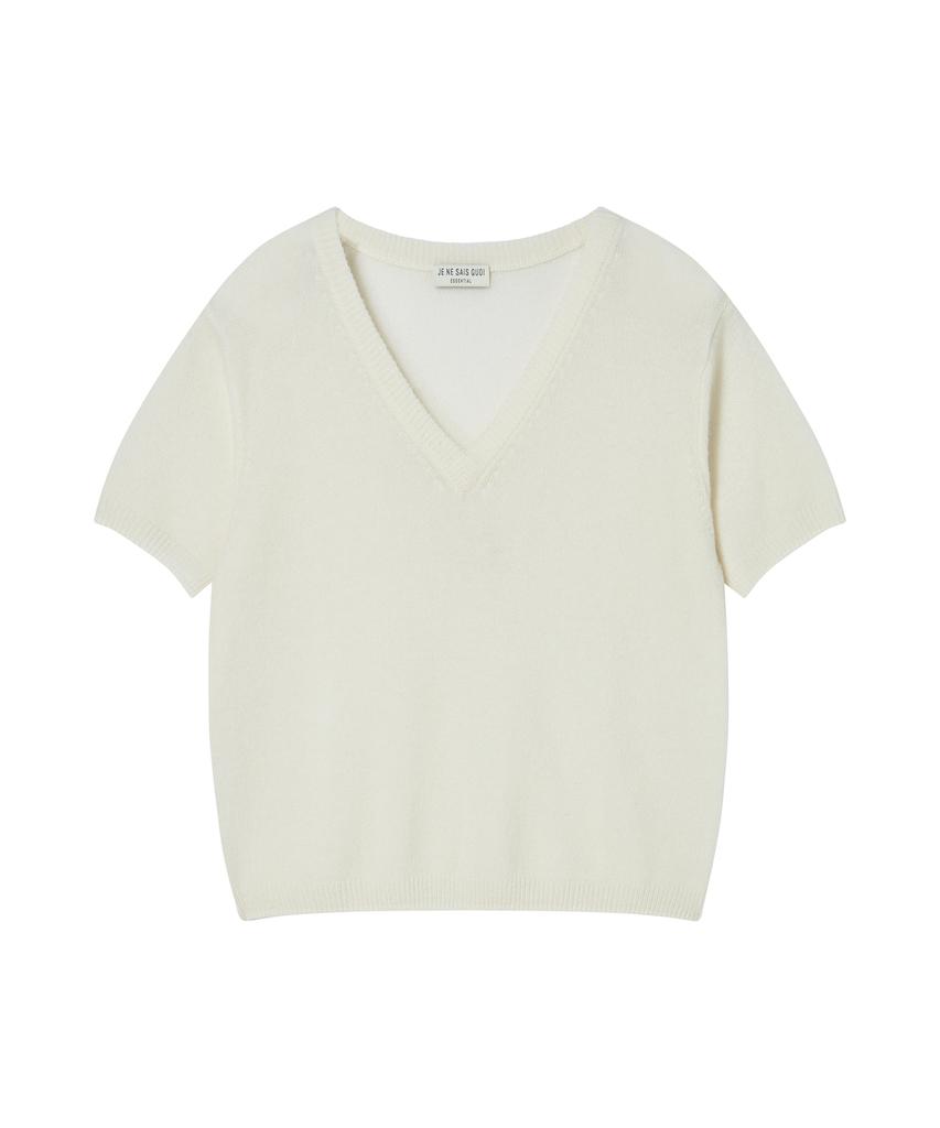 JE NE SAIS QUOI Sheer Cashmere Blended V-Neck Short Sleeve Knit_Off-White