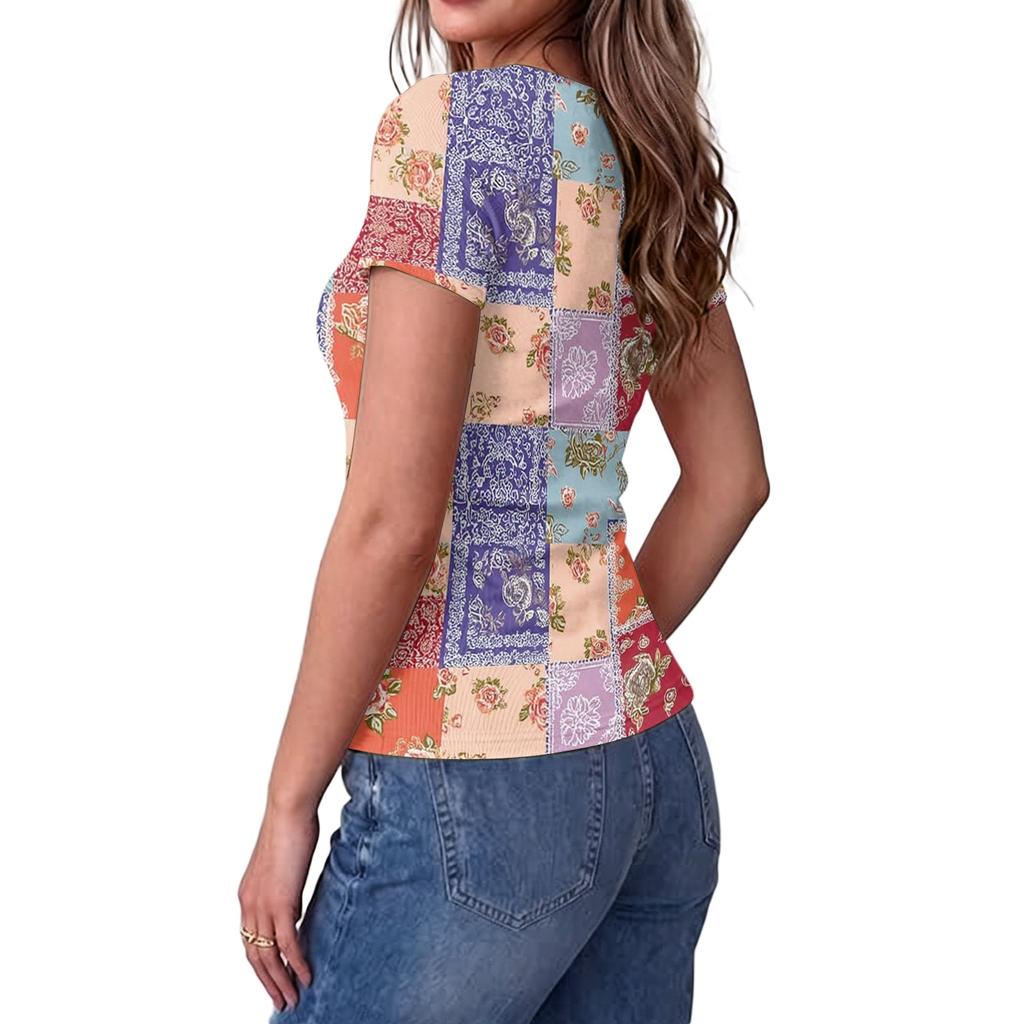 Women Slim Fit Square Neck Short Sleeve Top Vintage Floral Print Patchwork Ribbed Texture Stretchy Casual Shirt
