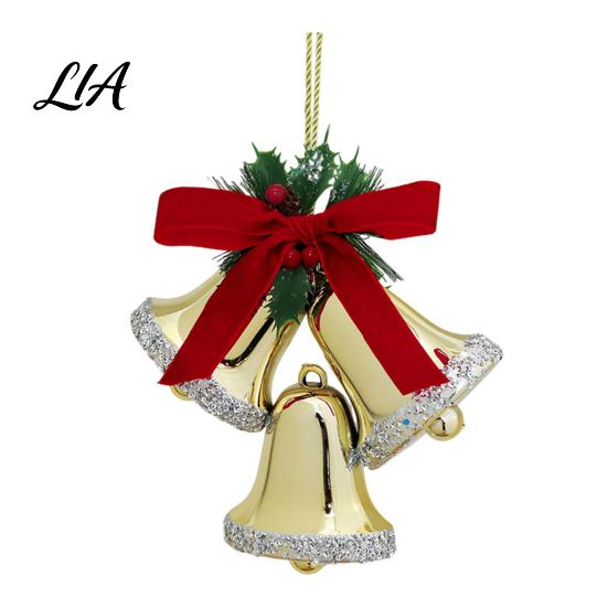 Triple Bell Pendant for Holiday Decor Christmas Ornament with Red Bow & Holly Leaves, Glossy Tiered Scene Jingle Bells Hanging Tree Wreath Door, Party