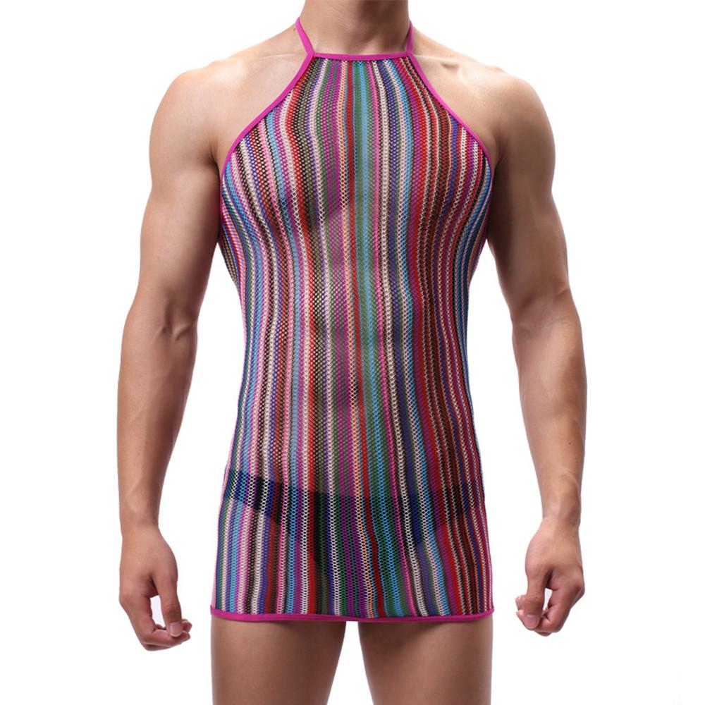 Men'S Sexy Mesh Lingerie One-Piece Bodycon Dress Crotchless Erotic Nightwear Cool Male Sexy Underwear For Boyfriend