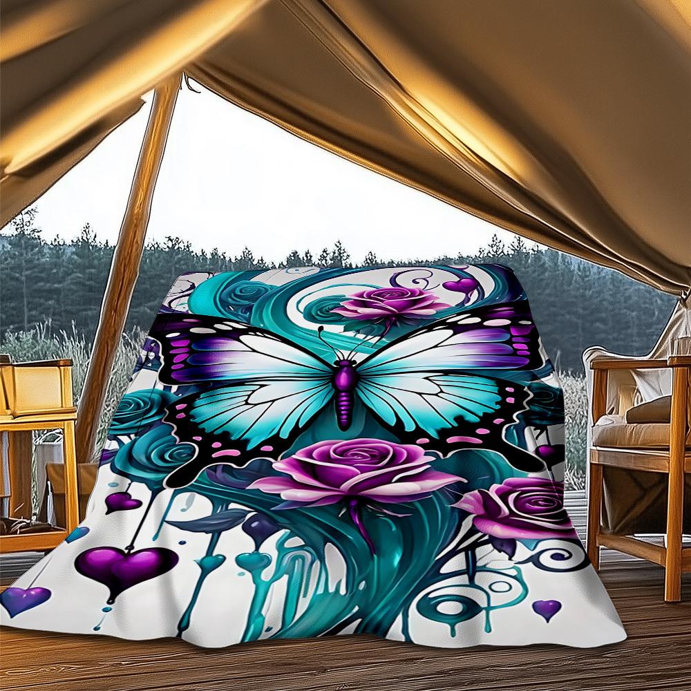 1pc Butterfly Roses Heart Outdoor Flannel Blanket Soft All Season Polyester Throw , Perfect for Picnics & Travel , Picnic Accessory
