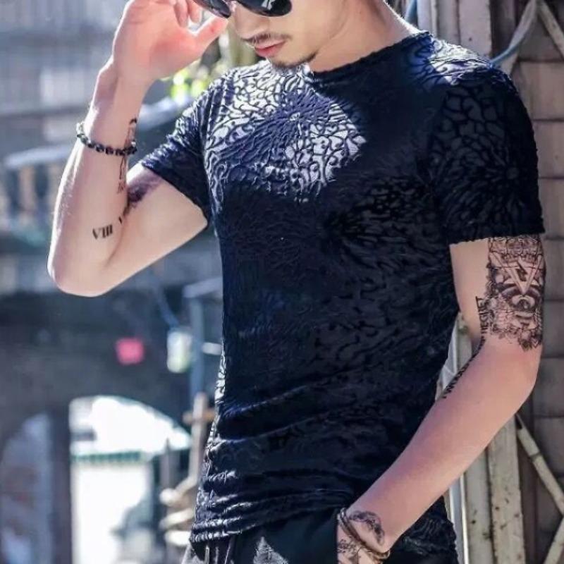 

Летний мужской пуловер с круглым вырезом из сетчатого ледяного шелка с принтом, облегающий, удобный и универсальный, повседневный топ с коротким рукавом XL чёрный
