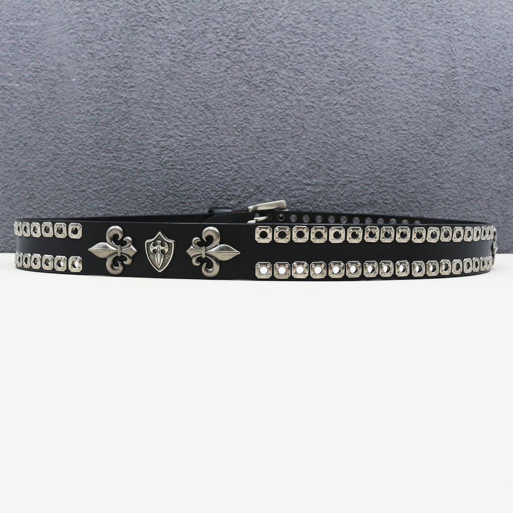 Abi Leather New Style of Personalized Crow Shield Rivet Cowhide Belt Hollow Corn Rivet Belt