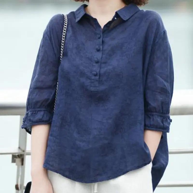 Women's Shirt Half Sleeve Lapel Loose Fit Thin Shirt Tops Buttons Neckline Pullover Tops Jacquard Print Solid Color
