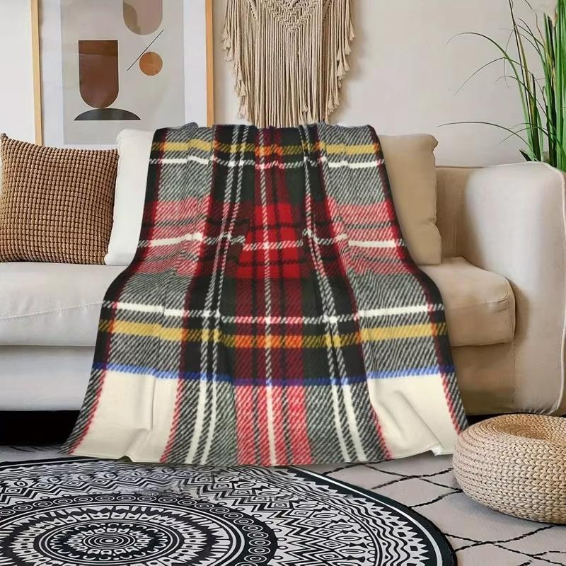 Scottish Tartan Red  White Plaid Flannel Blanket  1 Piece  Lightweight Comfortable Plush Throw  Perfect for Bedroom