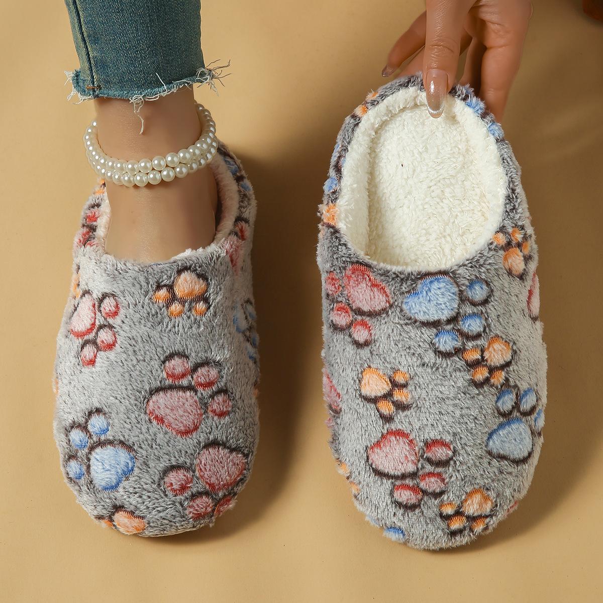 

Женские плюшевые домашние тапочки с геометрическим дизайном следов лап - Уютные нескользящие теплые домашние туфли, верх и подкладка из мягкой ткани, комфортные милые тапочки 40-41