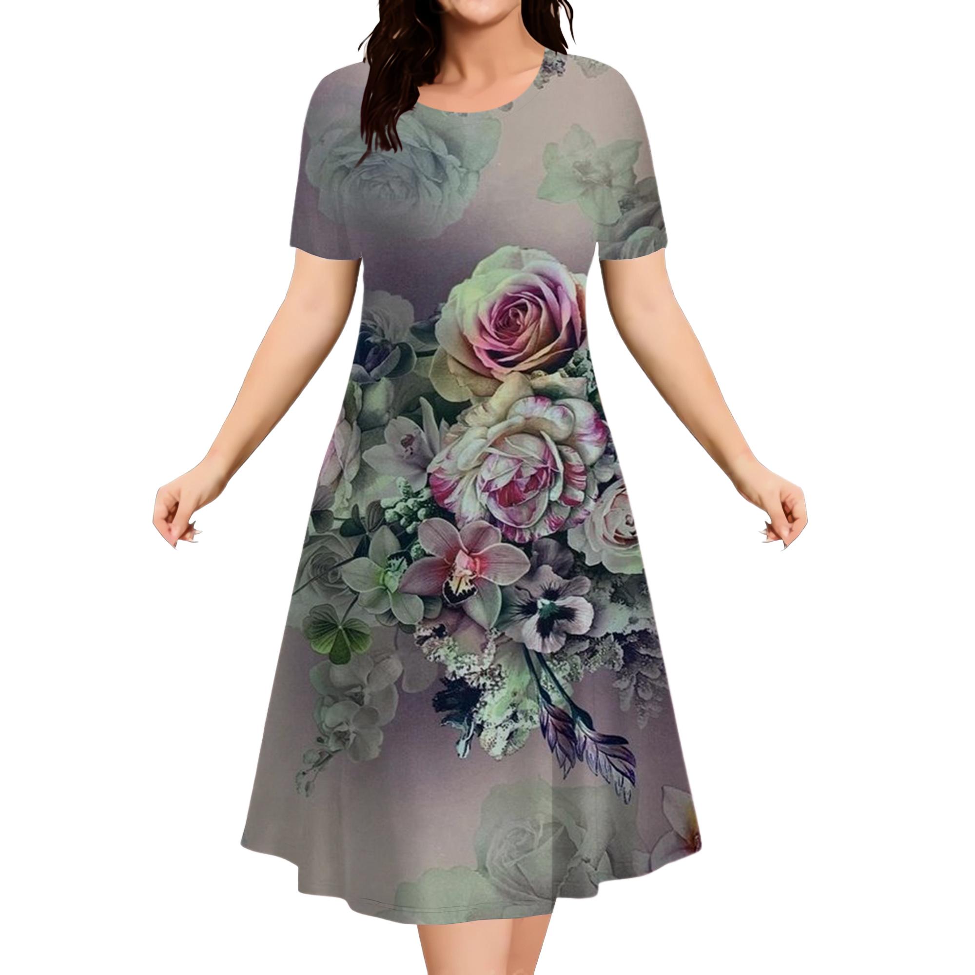 

Loose Vintage Flower Dresses Summer Women Tie Dye 3D Print Short Sleeve Dress Casual O-Neck Ladies New Retro Floral Dresses XL