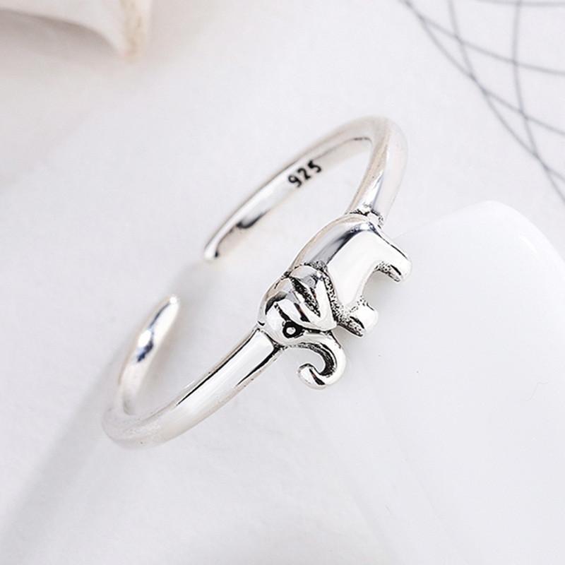 925 Sterling Silver Vintage Elephant Charm Finger Ring For Women Girls Party Jewelry Accessories Jz342