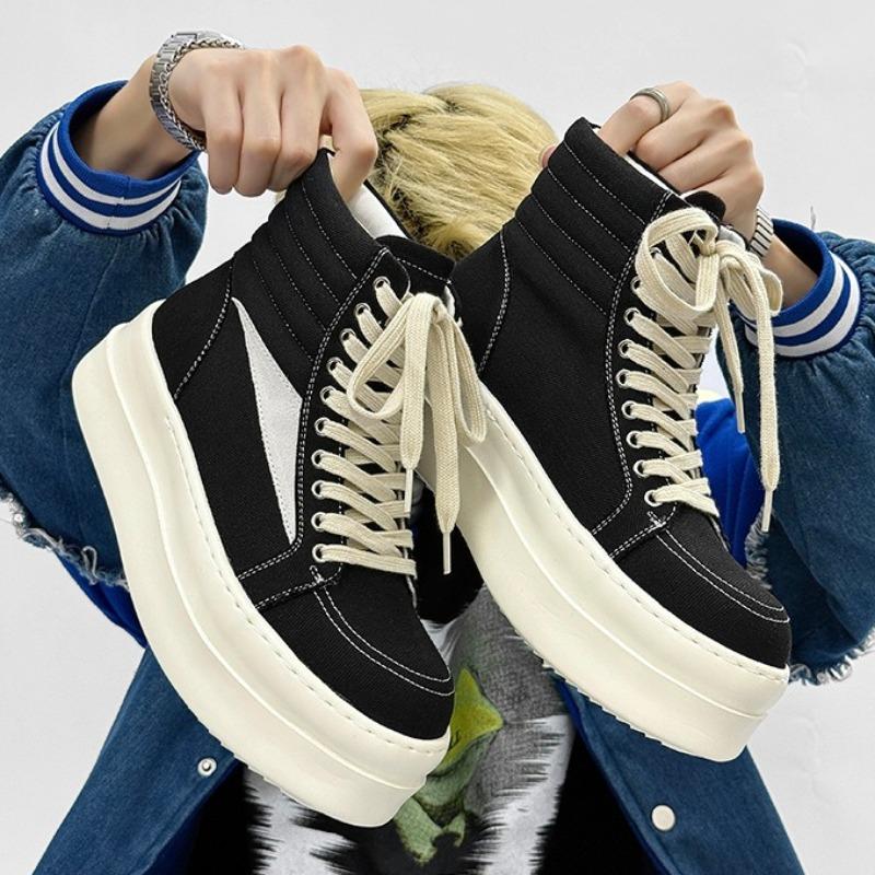 Fashion Couple Casual Short Boots Leather Canvas Version Black White High-top Womens Men Shoes Fad Thick-soled Heightening Ankle Booties