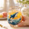 Glass Drinking Cup with Whale Print and Gold Rim Stemless Tumbler Suitable for Juice and Beverage Serving At Home or Office