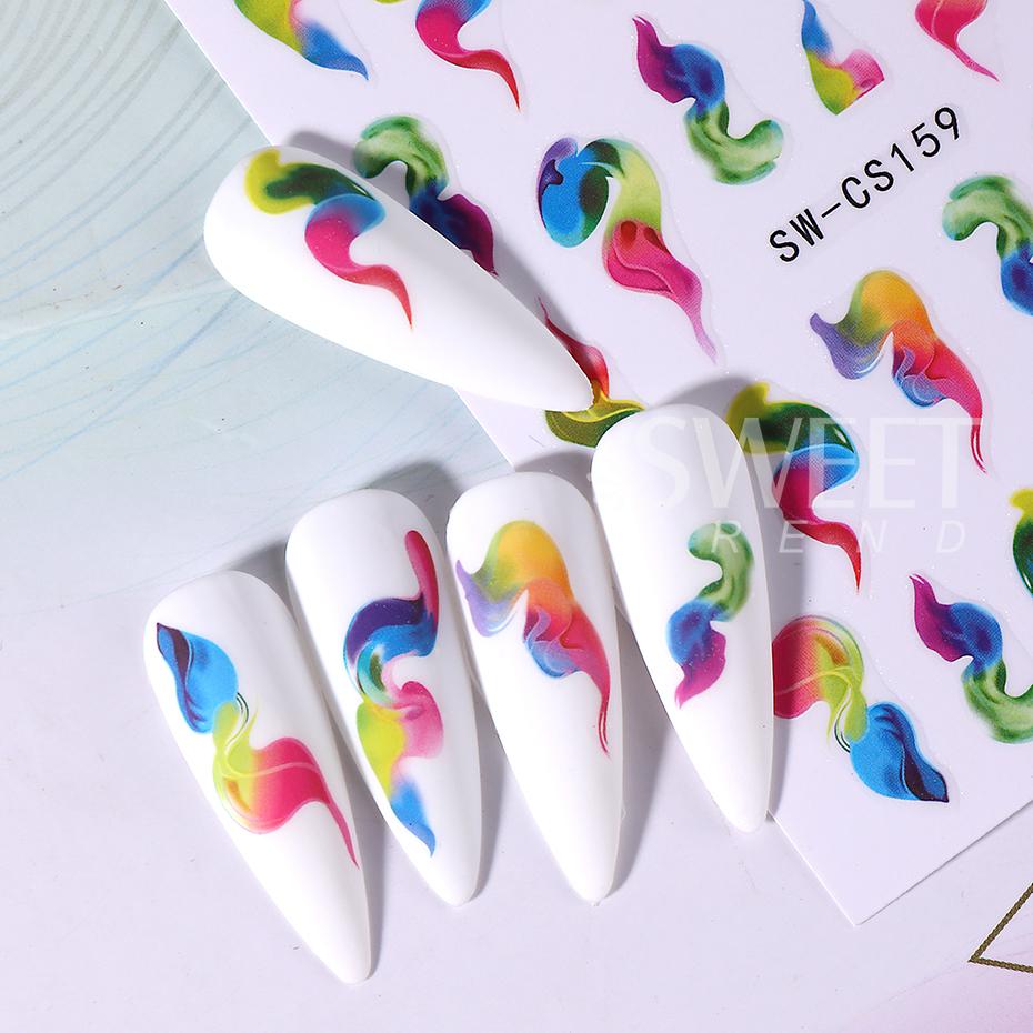 1Pcs Ink Blooming 3D Nail Stickers Gradient Abstract Geometric Wave Line Stripe Nail Art Sliders Decal Manicure Decor