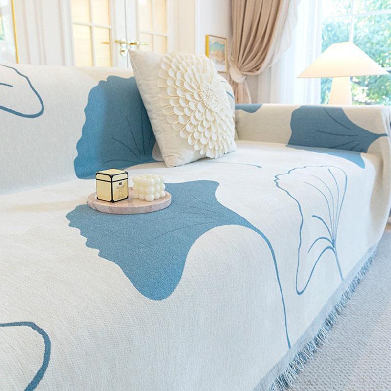 Pastoral Gingko Leaf Printed Tassel Sofa Towel All-Inclusive Sofa Cover for Four Seasons Dust-Proof Couch Slipcover for Home