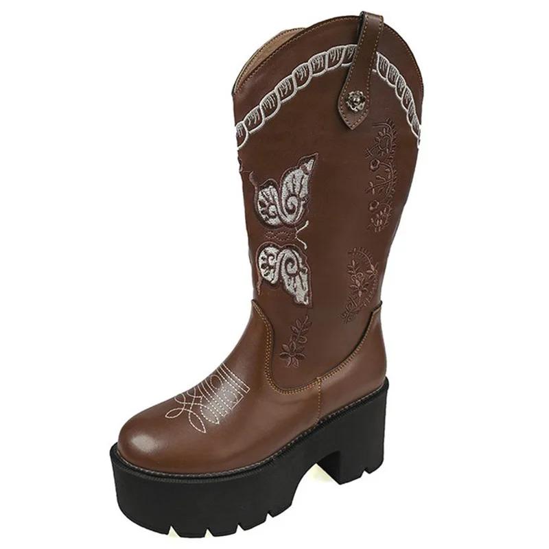 

SyfIyno Новые Ретро Рыцарские Ковбойские Сапоги Женские Вышитые Бабочками Зимние Сапоги в Британском Стиле Вестерн Платформа Толстый Каблук 36 коричневый