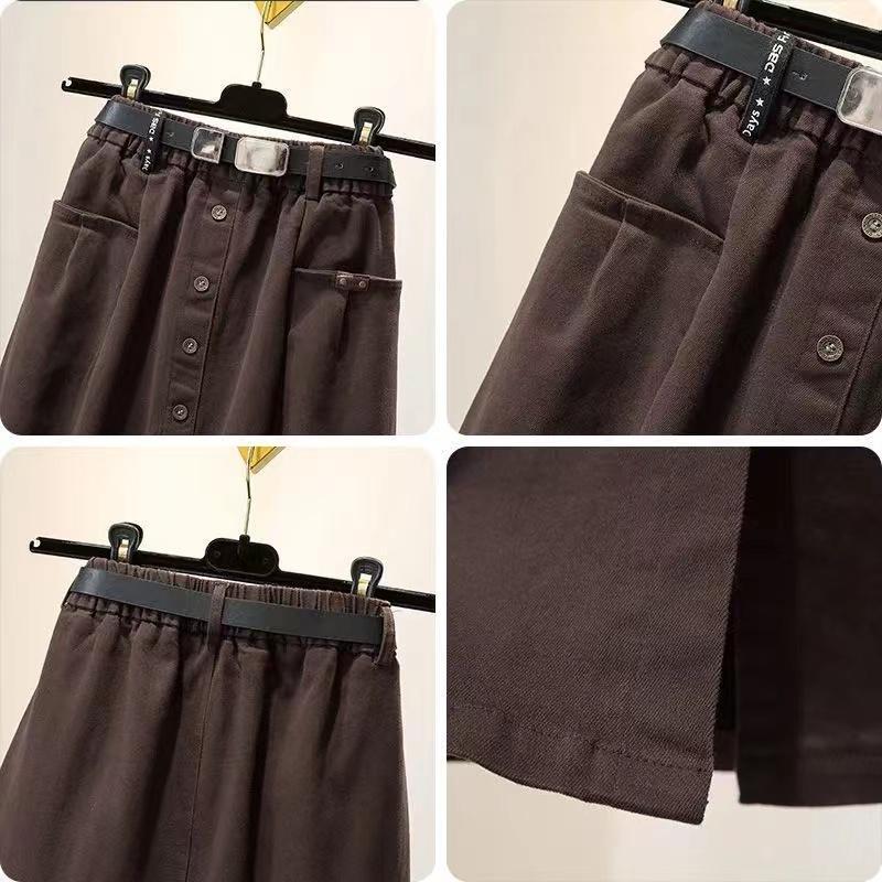 Washed Cotton Large Size Skirt Female Slit High Waist Slimming Medium Long Straight Skirt