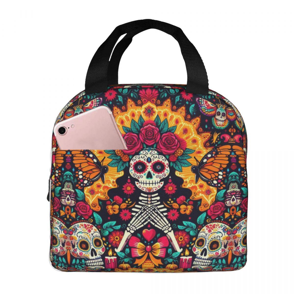 Mexican Sugar Skulls And Flowers Insulated Lunch Bag for Women Kids Portable Food Boxes Thermal Lunch Box Tote One Size