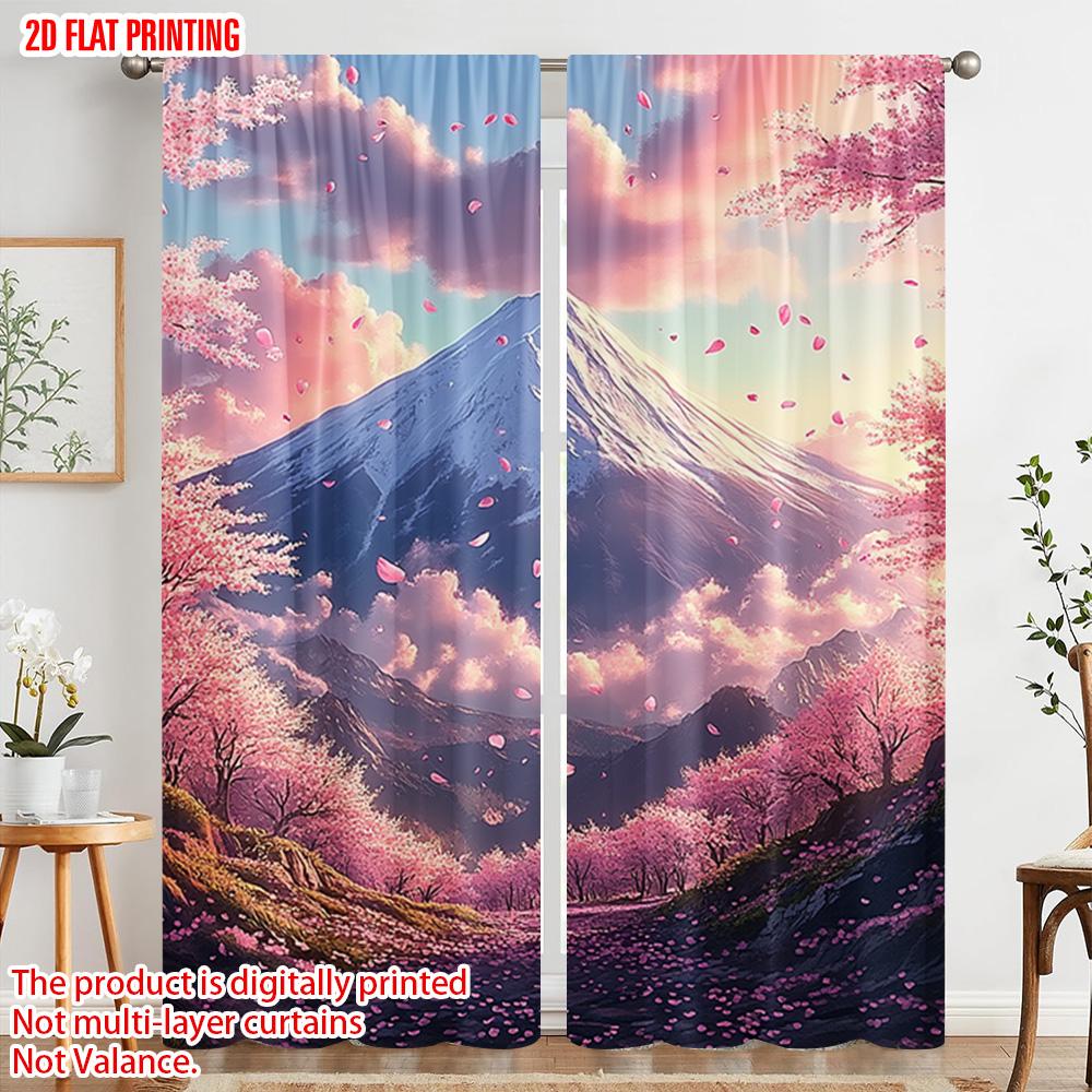 2pc  2D plane printing Contemporary Curtains Cherry blossoms and Mount Fuji Polyester (without rod) All Seasons Ldeal for