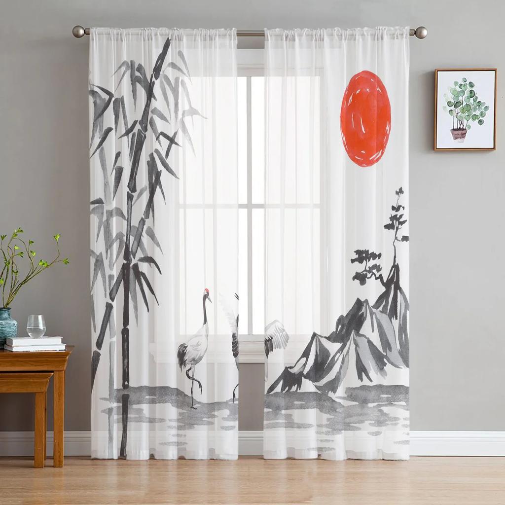 Bamboo Watercolor Painting Plant Art White Tulle Sheer Curtains for Living Room Bedroom Window Curtain Voile Organza Drapes