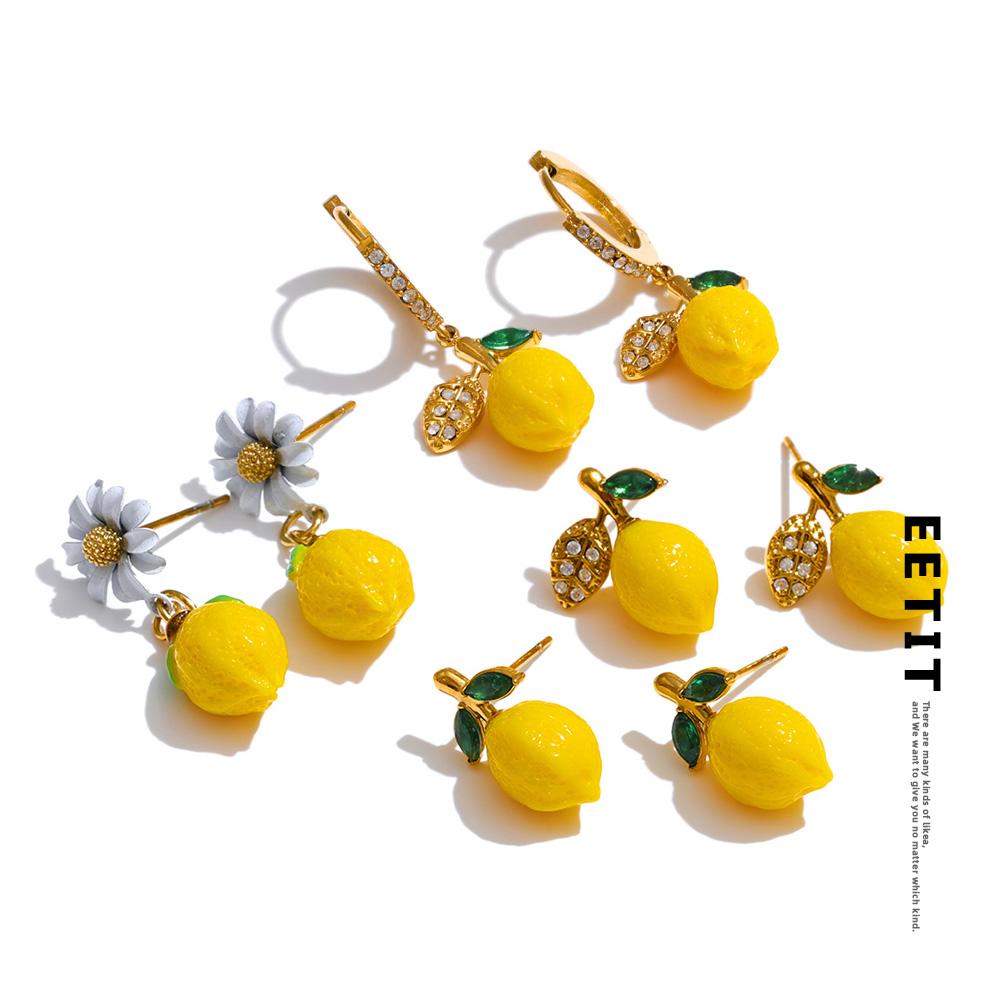 Eetit Fashion Yellow Resin Zirconia Fruit Lemon Dangle Earrings for Women Stainless Steel Arrivals Chic Jewelry Wholesale