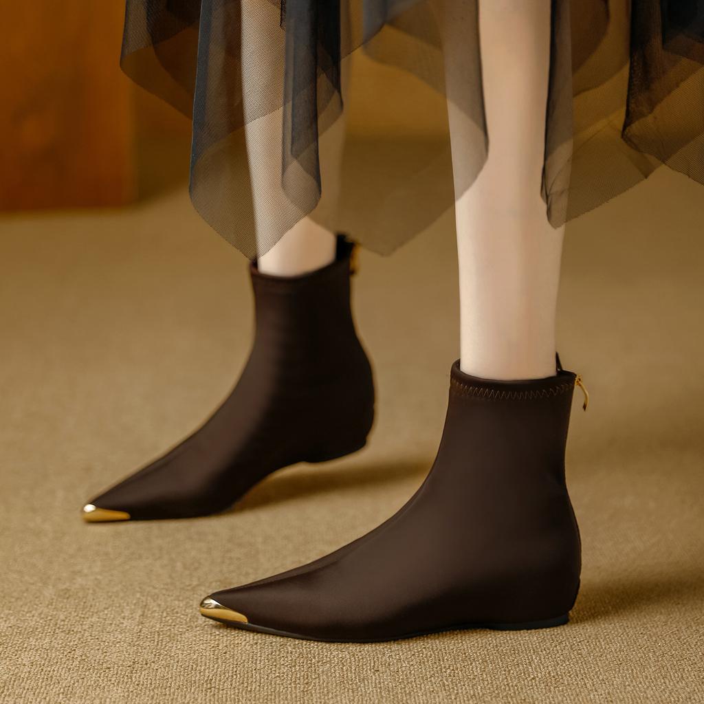 Anti-kick Inner Heightening Short Boots Women's 2025 Autumn and Winter New Metal Pointed Versatile European and American Style Elastic Thin Boots Bare
