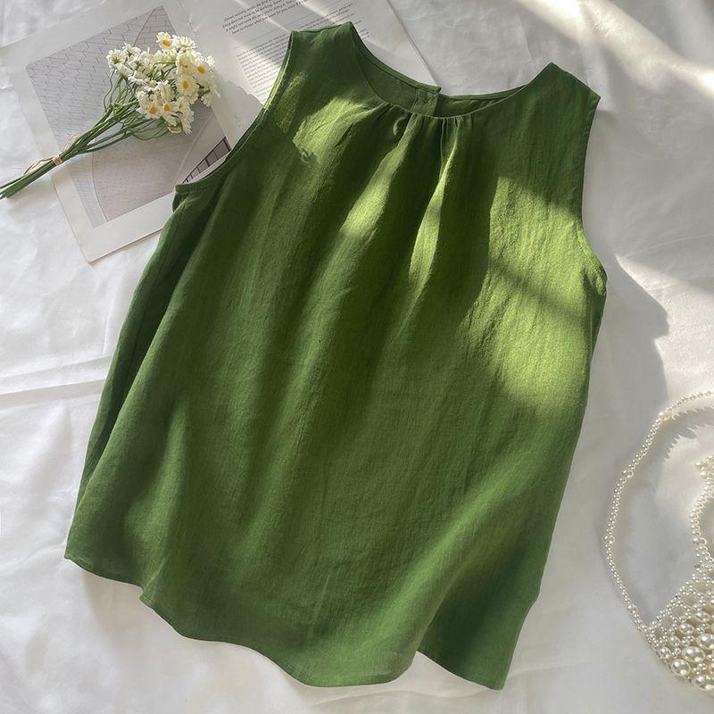 Women round neck pleated sleeveless linen tank top solid green loose casual camisole M зелёный