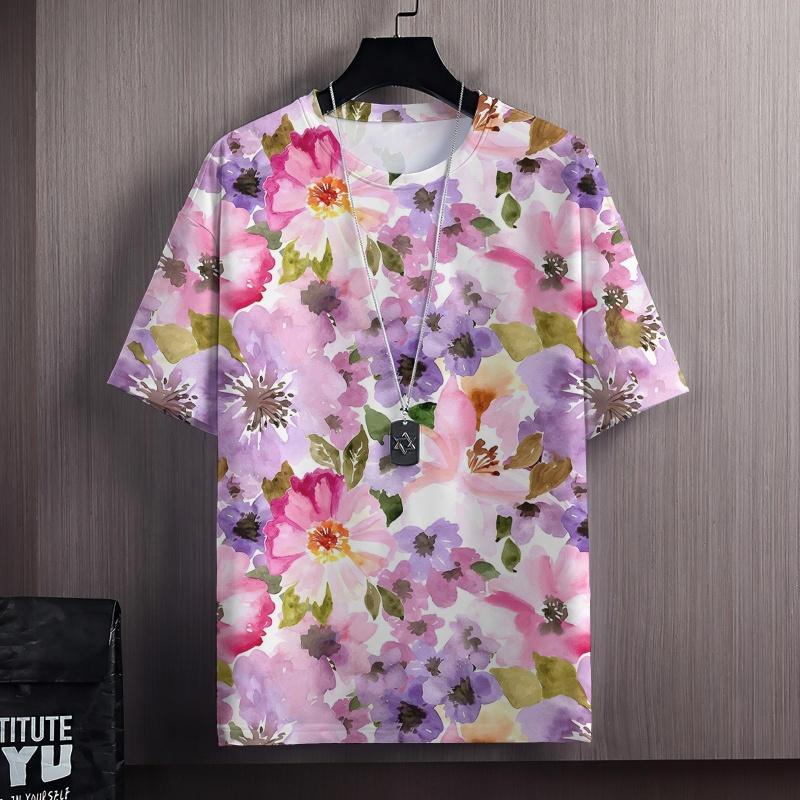 Colorful Flowers Clusters 3D Print T Shirt For Men Grass Plant Pattern Tees Summer Casual Short Sleeve Tops Round Neck T-Shirts