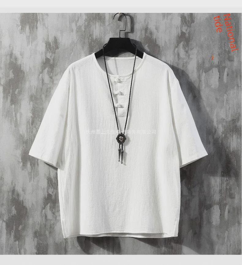 Men's Chinese Style Linen T-Shirt: Short-Sleeve, Loose Fit, Summer Cotton Blend, Buttoned, Trendy Tang Suit