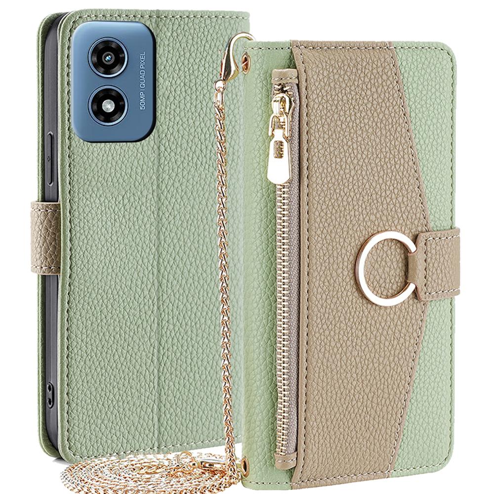 

For Motorola Moto G Play (2024) 4G Makeup Mirror Zipper Pocket Phone Cover Drop Proof Case with Shoulder Strap Green