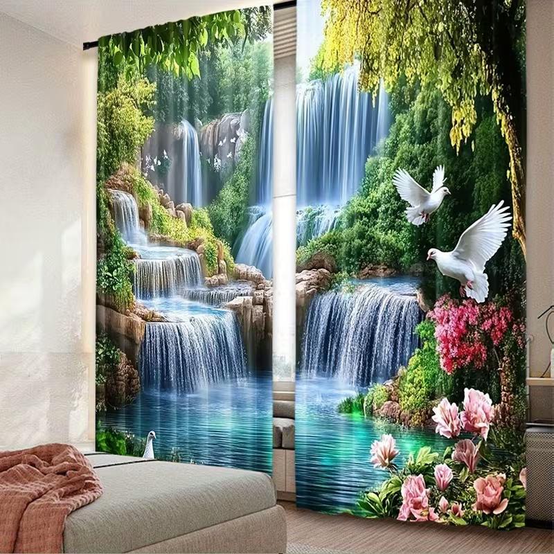 2pcs Waterfall & Dove Scenic Patterned Curtains, Design for Living Room Bedroom Window Decoration, Rod Pocket Curtains