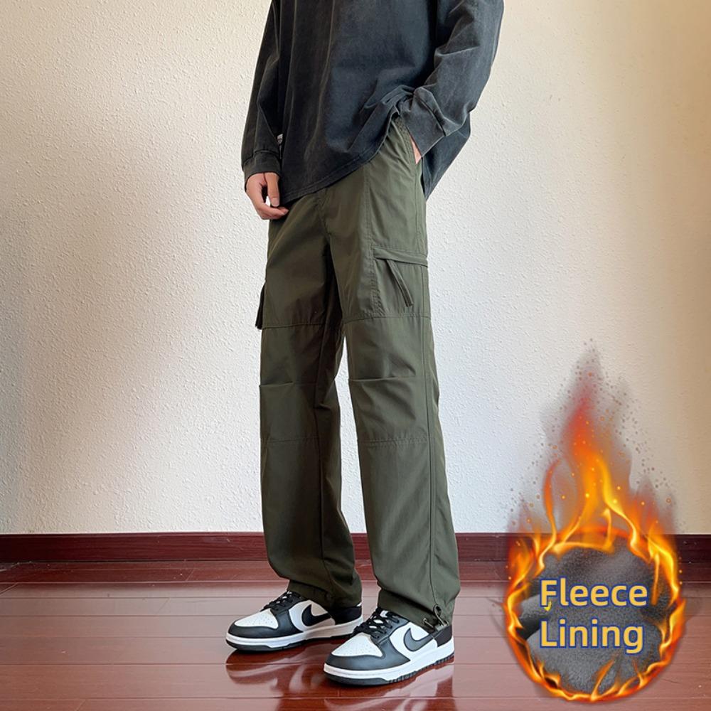 Winter Men's Cargo Pants Large Size Outdoor Sports Pants Multi-pocket Loose Straight Men's Casual Pants Fleece Lining