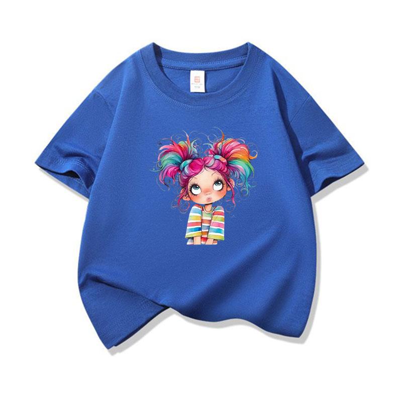 Kids Cotton T Shirt Colorful Rainbow Hair Girl Print Crew Neck Short Sleeve Tee Casual Boys Girls Summer Tops
