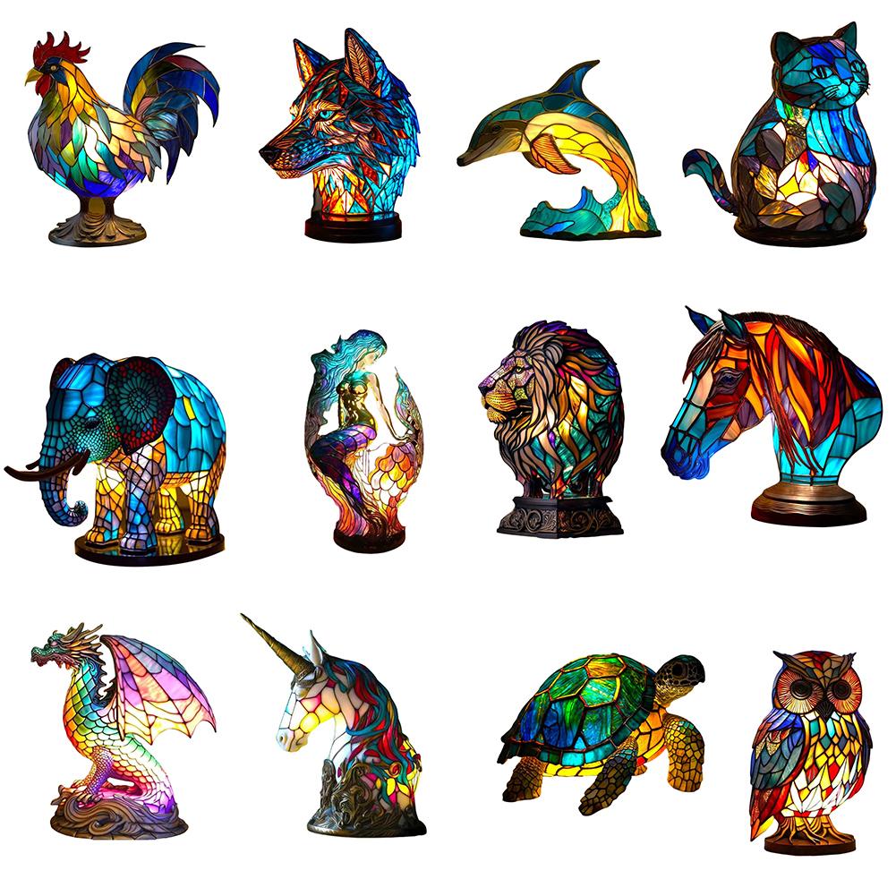 Animal Table Lamp Creative Stained Resin Glass Animal Sculpture Night Light For Living Room Bedroom Home Decoration