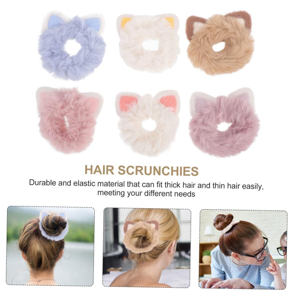 Set of 6 Cat Ear Hair Cute Fluffy Ponytail and Stretchy Hairbands for Everyday Wear Girls' Ties, Scrunchies, Holders,
