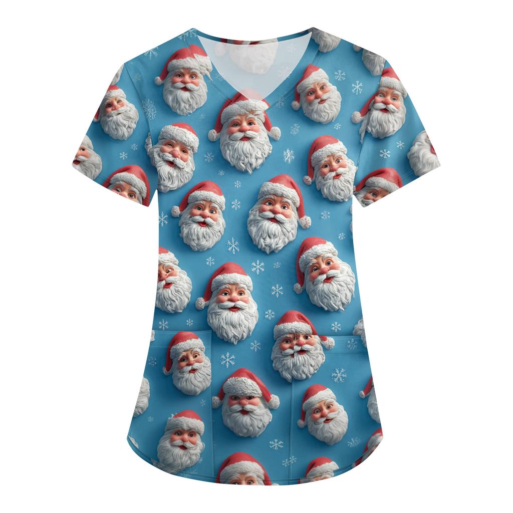 Women's Christmas Print Loose V-Neck Pocket Short-Sleeved Uniform
