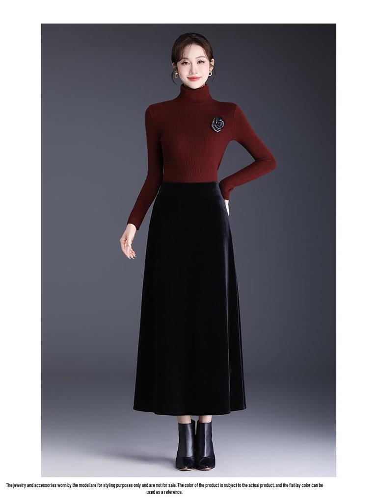 Golden Velvet A-line Skirt, Winter 2025, Elegant Korean Style, High-Waisted, Mid-Length, Slimming, Large Hem.