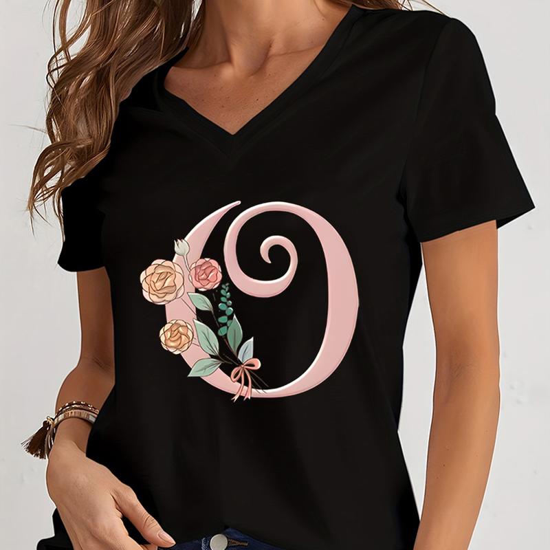 Cartoon Alphabet Flower Graphic Tee Womens Clothing Pink Flower Alphabet Gift Tshirt FeUnisex Vintage 26 Initials Flower Tshirt