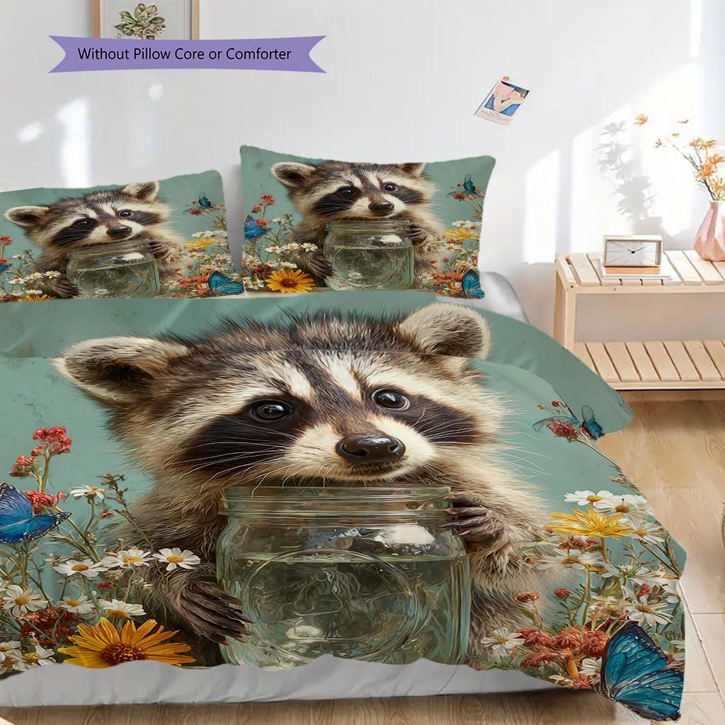 Raccoon Pattern Bedding Quilt Set Quilt Cover Pillowcase Home Decoration Birthday Gift (1 * duvet cover + 2 * pillowcase, without core)