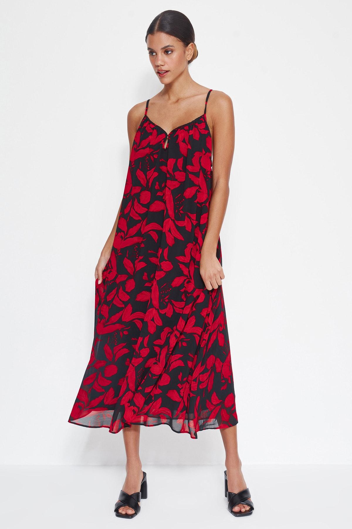 

Women s Style Dress Red Floral Patterned Straight Cut Maxi Woven Chiffon Lined Woven Dress S