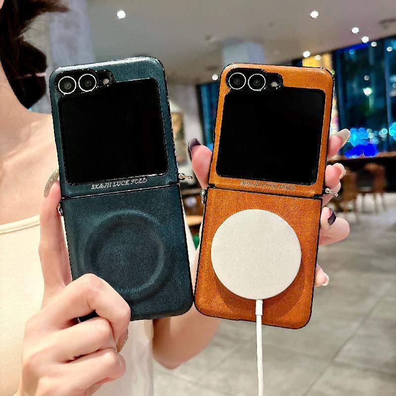 Business Crazy Horse Pattern Magnetic Case for Samsung Z Flip7: Foldable, Anti-Drop, Anti-Lost Lanyard, Compatible with 6/5 Gen.