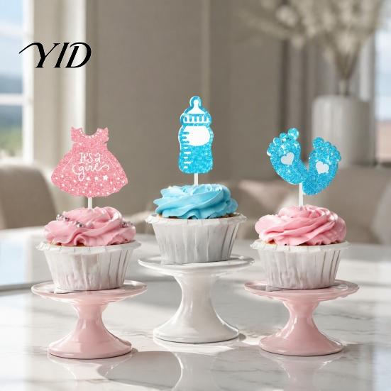 Baby Shower Dessert Decorations 12Pcs Boy Girl Birthday Cake Toppers, Themed Cupcake Picks with First Decor Bottle, Stroller, Bow, Suit, Glitter