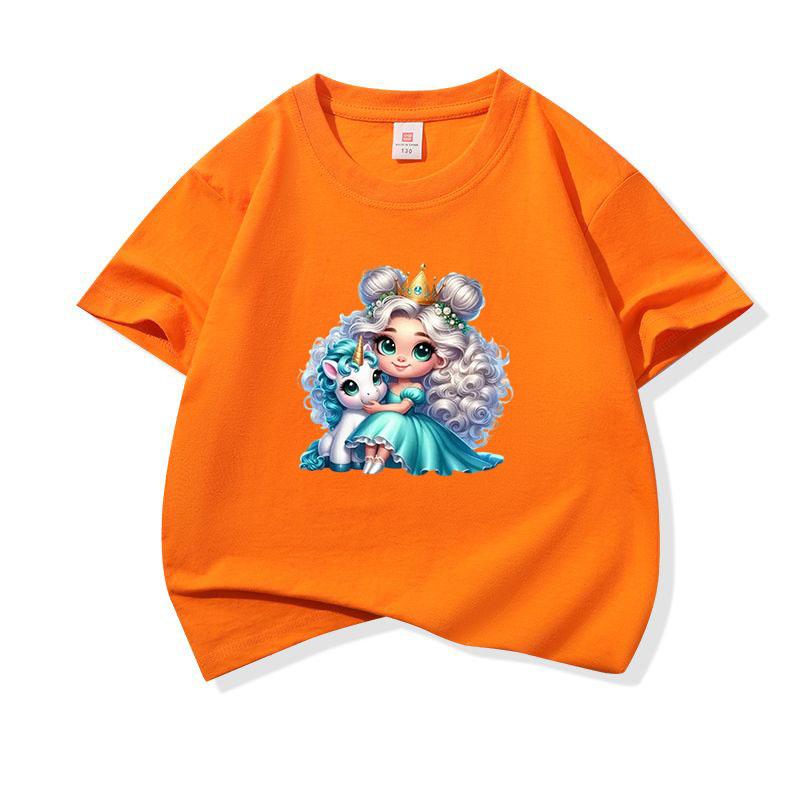 Kids Cotton T Shirt Princess Girl With Blue Unicorn Print Crew Neck Short Sleeve Tee Casual Boys Girls Summer Tops