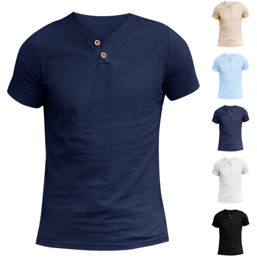Fashion And Comfortable Cotton And Hemp Solid Color Men'S Short Sleeve T-Shirt