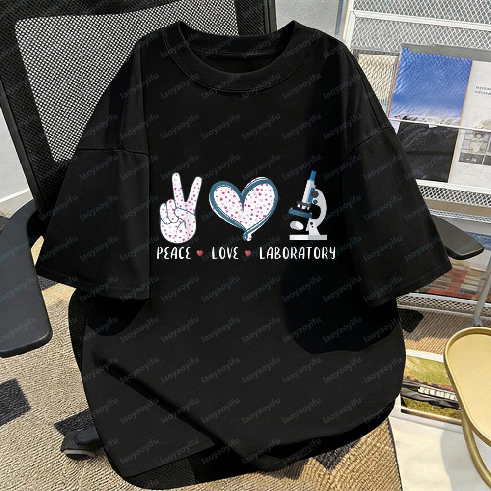 Lab Worker TShirt Peace Love Lab Science Print Wave Point Tee Medical Enthusiast Summer Casual Kawaii Clothes Women Cotton Tops